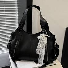 Lightweight Business Casual Portable Rivet Detail Shoulder Tote Bag, Suitable For White-Collar, Teachers, Young Female College Students, Teacher's Day, Work, Business, Commuting, University And Other Occasions. Also Suitable For Young Female College Students, Career Starters And White-Collar Workers. Very Suitable For Office, Work And Business Occasions. - Black - View 2