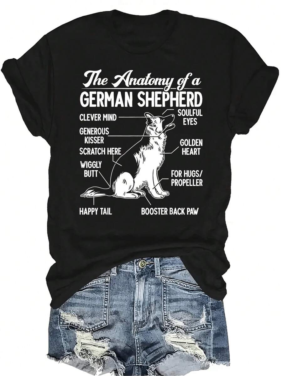 Camiseta de perro pastor alemán divertida para amantes de los perros, de mujer y unisex, de verano, casual, transpirable, de personalidad, de cuello redondo, de manga corta, de ropa urbana, versátil, adecuada para adolescentes y adultos - Negro - Ver 1