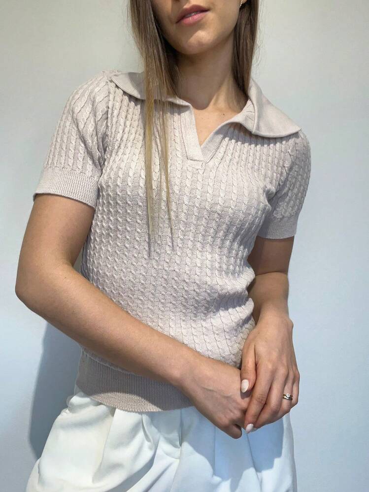 Camiseta Polo Trançada Tricô Moda Feminina Verão Tricot Modal - Papíro - Visão 4