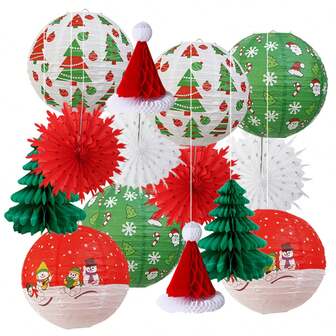 1set(14pcs)/15pcs/6pcs - Christmas Hanging Paper Lantern Decoration Set, Red,And Green, And White Christmas Patterned Lanterns, Pine Tree Paper Honeycomb, Christmas Hat Paper Honeycomb Paper Flower Fan Pendant, Used For Decorating Christmas Parties, Courtyards, And Home Scenes