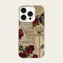 1pc Vintage Red Rose Book Page Collage Elegant Pattern TPU Phone Case Compatible With IPhone