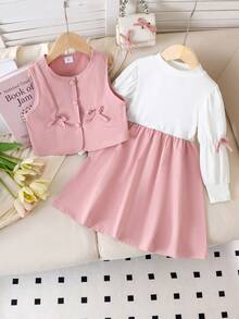 2 件套女童可爱蝴蝶结无袖背心和圆领长袖连衣裙套装，春秋季 - 粉色 - 查看 3