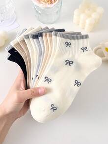 5 Pairs Women's Cute Breathable Bow Pattern Short, Simple And Comfortable Crew Socks, Ankle Socks, White Socks, Black Socks For Daily & Casual Wear, Suitable For Fall&Winter, For All Seasons