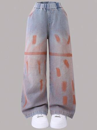 Girls' Casual Straight Leg Jeans, Graffiti Print, All Season