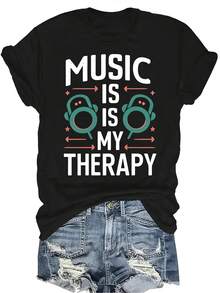 Camiseta "La música es mi terapia" para mujer y unisex, de verano, casual, transpirable, con personalidad, cuello redondo, manga corta, ropa de calle, versátil, adecuada para adolescentes y adultos - Negro - Ver 1