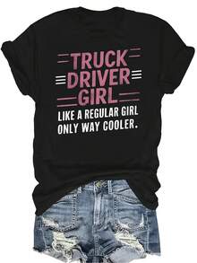 Camiseta TRUCK DRIVER GIRL para mujer y unisex, de verano, casual, transpirable, con cuello redondo, manga corta, estilo callejero y versátil, adecuada para adolescentes y adultos - Negro - Ver 1