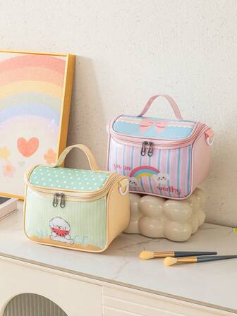 1ชิ้น กระเป๋าใส่เครื่องสำอางลายการ์ตูน, กระเป๋าแต่งหน้า, กระเป๋าเก็บของ, ทำจาก PVC และ PU, กันน้ำ, ด้านหลังกึ่งโปร่งใสเพื่อให้มองเห็นได้, แบบถือหรือสะพายข้าง, เหมาะเป็นของขวัญให้เพื่อน