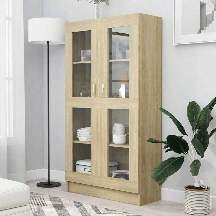 Vitrina Larryhot Roble Sonoma 82,5x30,5x150 cm Madera de ingeniería, resistente y duradera, fácil de montar, estilo decorativo, adecuadA, Para guardar adornos, figuras, libros, pequeños objetos, etc. - Marrón - Ver 1