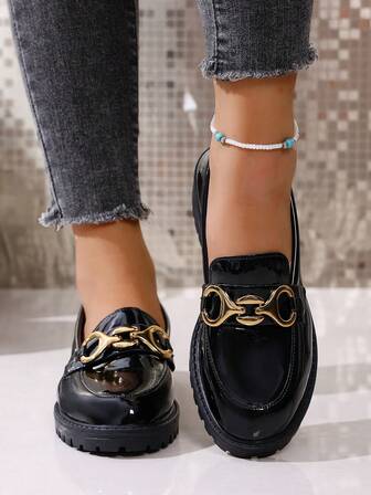 2025 New Fashionable & Elegant Metal Buckle Retro Mirror Waterproof Casual Chunky Heel Loafers, Comfortable Low-Cut Women Shoes, Run Small By One Size