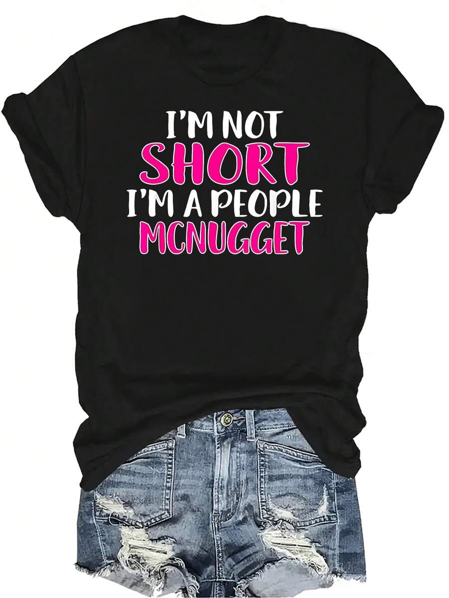 No soy bajo, soy un McNugget de personas Camiseta para mujer y unisex de verano, casual, transpirable, con personalidad, cuello redondo, manga corta, ropa de calle, versátil, adecuada para adolescentes y adultos - Negro - Ver 1