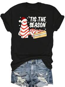 Camiseta de Navidad con diseño de pastel de dibujos animados para mujeres y unisex, de verano, casual, transpirable, de personalidad, de cuello redondo, de manga corta, de uso versátil, adecuada para adolescentes y adultos - Negro - Ver 1
