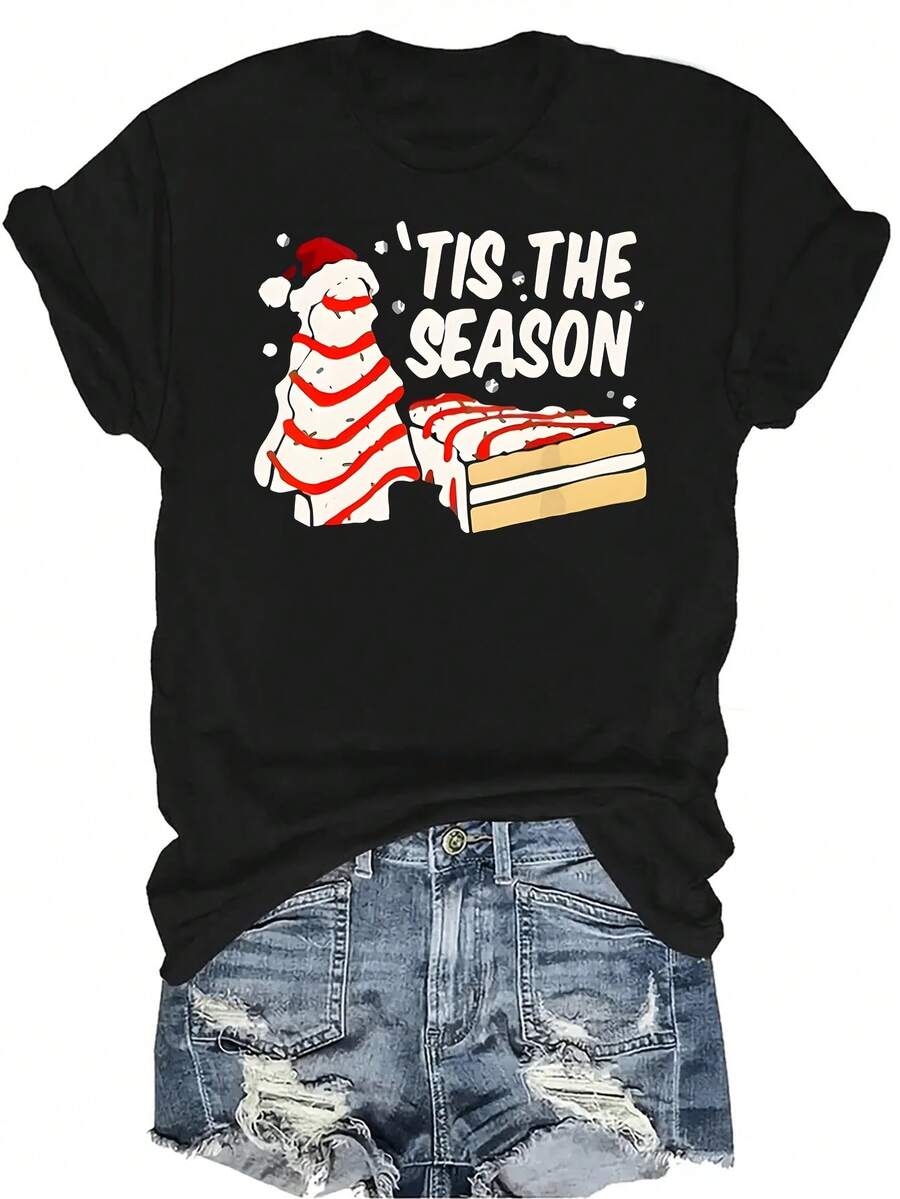 Camiseta de Navidad con diseño de pastel de dibujos animados para mujeres y unisex, de verano, casual, transpirable, de personalidad, de cuello redondo, de manga corta, de uso versátil, adecuada para adolescentes y adultos - Negro - Ver 1