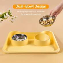 Auslaufsichere Edelstahl-Futternäpfe mit rutschfestem Boden - Doppelte Futter- und Wassernäpfe für Hunde & Katzen, einfach zu reinigen, robustes Design für kleine bis mittlere Rassen, gelbe Kunststoffschale mit erhöhten Rändern, Katzenfütterungsstation, schlankes Napfdesign, leicht zu reinigendes Material
