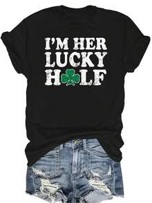 Camiseta para parejas del Día de San Patricio "Soy su mitad afortunada" - Camiseta de mujer unisex de verano, casual, transpirable, de personalidad, de cuello redondo, de manga corta, ropa de calle, versátil, adecuada para adolescentes y adultos - Negro - Ver 1