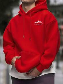 Men's Autumn/Winter Minimalist Mountain Slogan Print Pocket Drawstring Hoodie Sweatshirt - Red - View 4