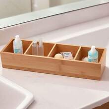 4 - Compartment Storage Box With Removable Dividers, Bamboo Material, Great For Desk Stationery Organization In Office - 原木色 - 查看 5