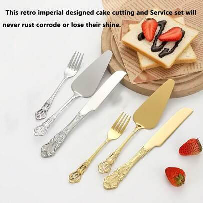 Conjunto de 3 serviços de bolo retrô imperial, faca de bolo requintada de aço inoxidável, pá de bolo, garfo de bolo, acessórios elegantes para festas, presente ideal para dia das mães/casamento/chá de panela/inauguração de casa/aniversário, polimento espelhado, máquina de lavar louças
