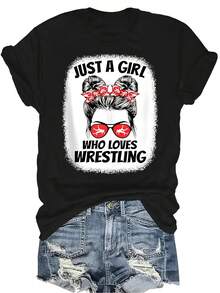 Camiseta "Sólo una chica que ama la lucha libre" para mujer y unisex, de verano, casual, transpirable, con personalidad, cuello redondo, manga corta, estilo urbano y versátil, adecuada para adolescentes y adultos - Negro - Ver 1