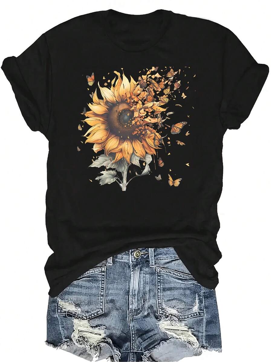 Camiseta de mujer de manga corta con cuello redondo, de estilo casual y transpirable, con diseño de girasoles y mariposas, adecuada para adolescentes y adultos - Negro - Ver 1