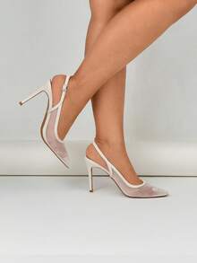 French Pointed Toe Mesh Closed Toe Thin Heel Comfortable Breathable Buckle Strap Fashionable Elegant Sandals - White - View 4