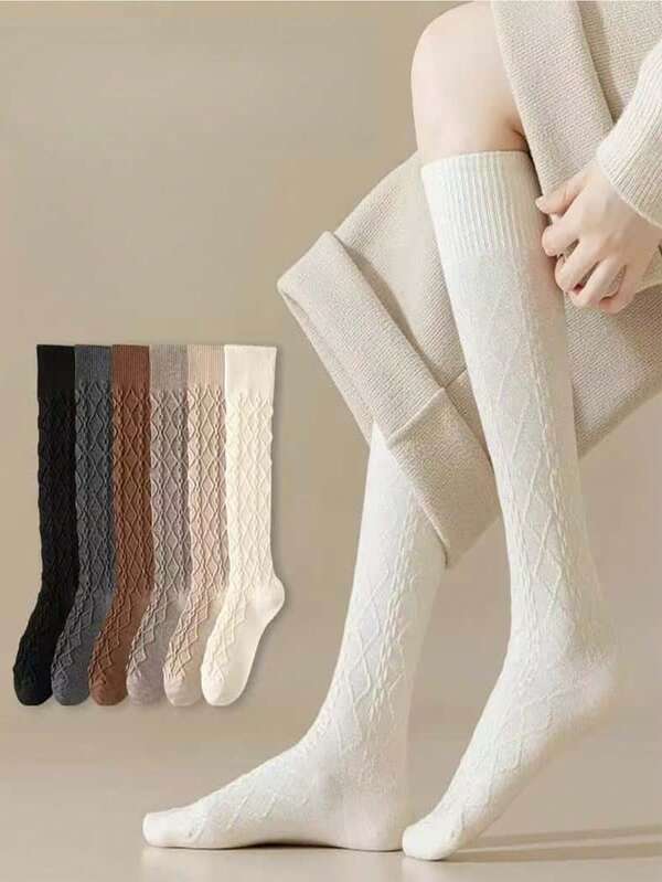 3 paia di calze lunghe sopra il ginocchio in pile spesso per donne, design a catena intrecciata, colori misti casuali, calze alla coscia versatili e alla moda adatte per uso quotidiano, studenti, ragazze alla moda, per tutte le stagioni