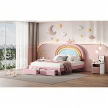 PRINCESS LOVESEAT SOFA BED PU LEATHER UPHOLSTERED LOW SOFA BED WITH BUTTON TUFTED CUTE CROWN HEADBOARD FOR KIDS, PINK