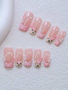 10片Y2K风格管道形美甲贴片套装 - 手工制作，粉色美甲，粉白法式风格，手工3D粉色蝴蝶结，手绘白色波点法式风格和手绘小狗图案设计，白色小花元素点缀 - 适合女性和女孩，派对、婚礼、日常佩戴、DIY美甲，包含工具包。方形美甲贴片。手工美甲贴片。假指甲。美甲用品 手工美甲贴片 - 彩色 - 查看 11