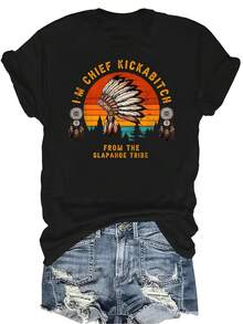 Camiseta de mujer y unisex "Soy la Jefa Pateadora de la Tribu Slapahoe", de verano, casual, transpirable, con personalidad, cuello redondo, manga corta, ropa de calle, versátil, adecuada para adolescentes y adultos - Negro - Ver 1