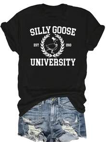 Camiseta de la Universidad Silly Goose para mujer y unisex, de verano, casual, transpirable, con personalidad, cuello redondo, manga corta, ropa de calle, versátil, adecuada para adolescentes y adultos - Negro - Ver 1