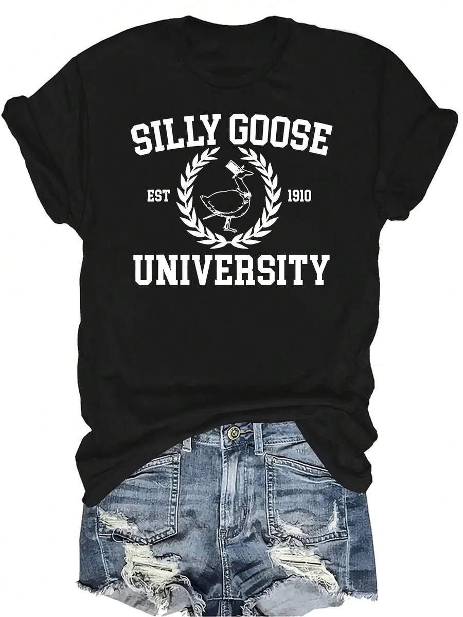 Camiseta de la Universidad Silly Goose para mujer y unisex, de verano, casual, transpirable, con personalidad, cuello redondo, manga corta, ropa de calle, versátil, adecuada para adolescentes y adultos - Negro - Ver 1