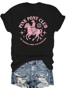 Camiseta de la gira de la princesa del Midwest del club de ponis rosas para mujer y unisex, de verano, casual, transpirable, de personalidad, de cuello redondo, de manga corta, de ropa urbana, versátil, adecuada para adolescentes y adultos - Negro - Ver 1