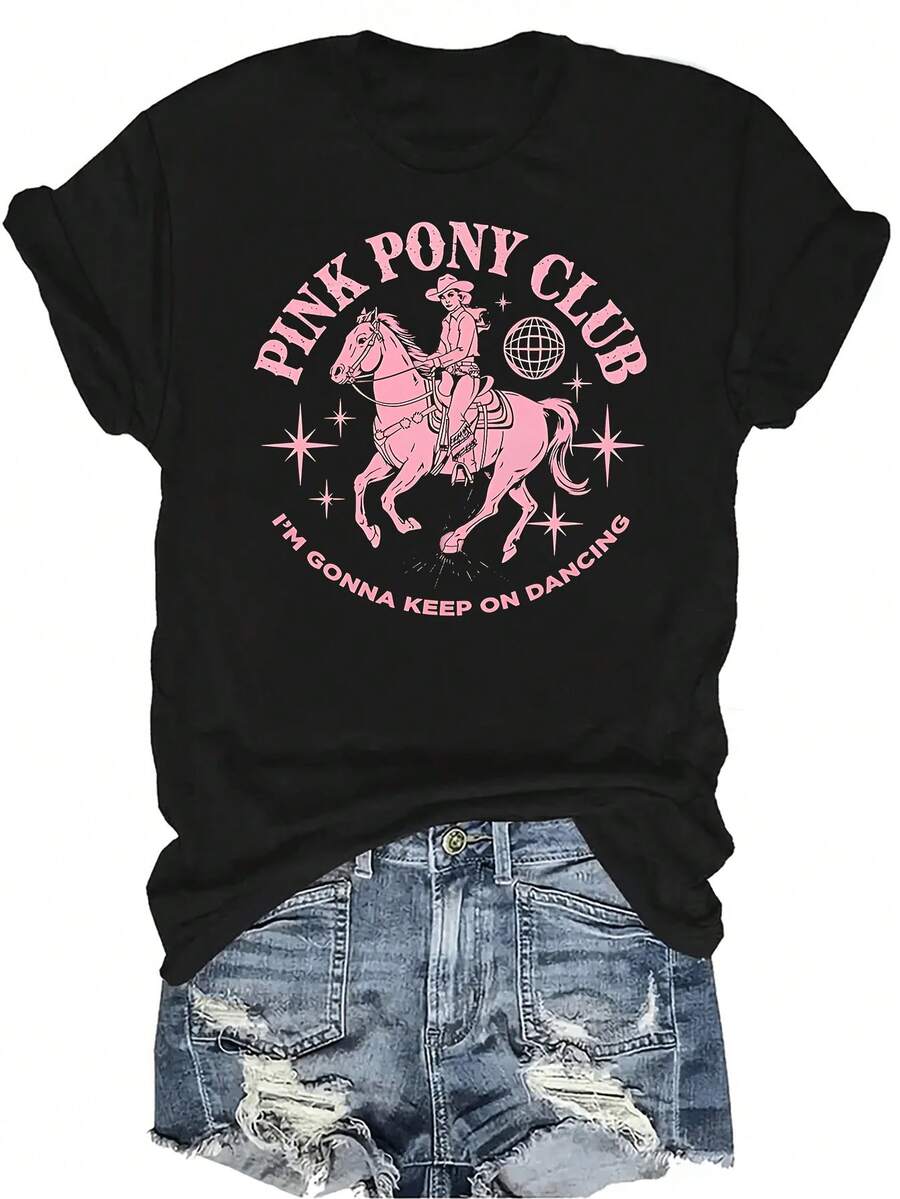 Camiseta de la gira de la princesa del Midwest del club de ponis rosas para mujer y unisex, de verano, casual, transpirable, de personalidad, de cuello redondo, de manga corta, de ropa urbana, versátil, adecuada para adolescentes y adultos - Negro - Ver 1