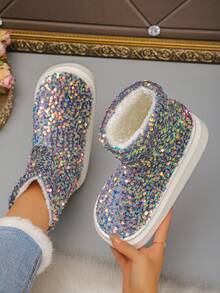 Botas de neve femininas plus size com lantejoulas coloridas e cano médio, moda inverno, lançamento, forro macio, quentes, confortáveis, versáteis, botas curtas antiderrapantes para uso diário - cor cinza - Ver 2