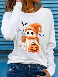Thanksgiving Pumpkin Graphic Tees,Daily Fall Clothes For Women  Casual Comfortable Printed Long-Sleeved T-Shirts, Fall Outfits Going Out Tops Women Halloween Clothes,Fun And Cute Ghost Print,For Home Or Outdoor
