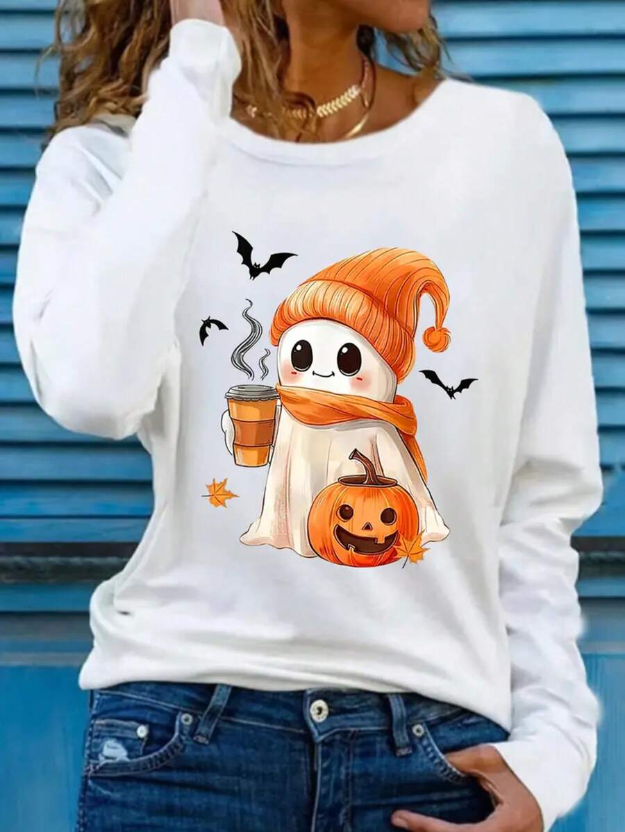 Thanksgiving Pumpkin Graphic Tees,Daily Fall Clothes For Women  Casual Comfortable Printed Long-Sleeved T-Shirts, Fall Outfits Going Out Tops Women Halloween Clothes,Fun And Cute Ghost Print,For Home Or Outdoor