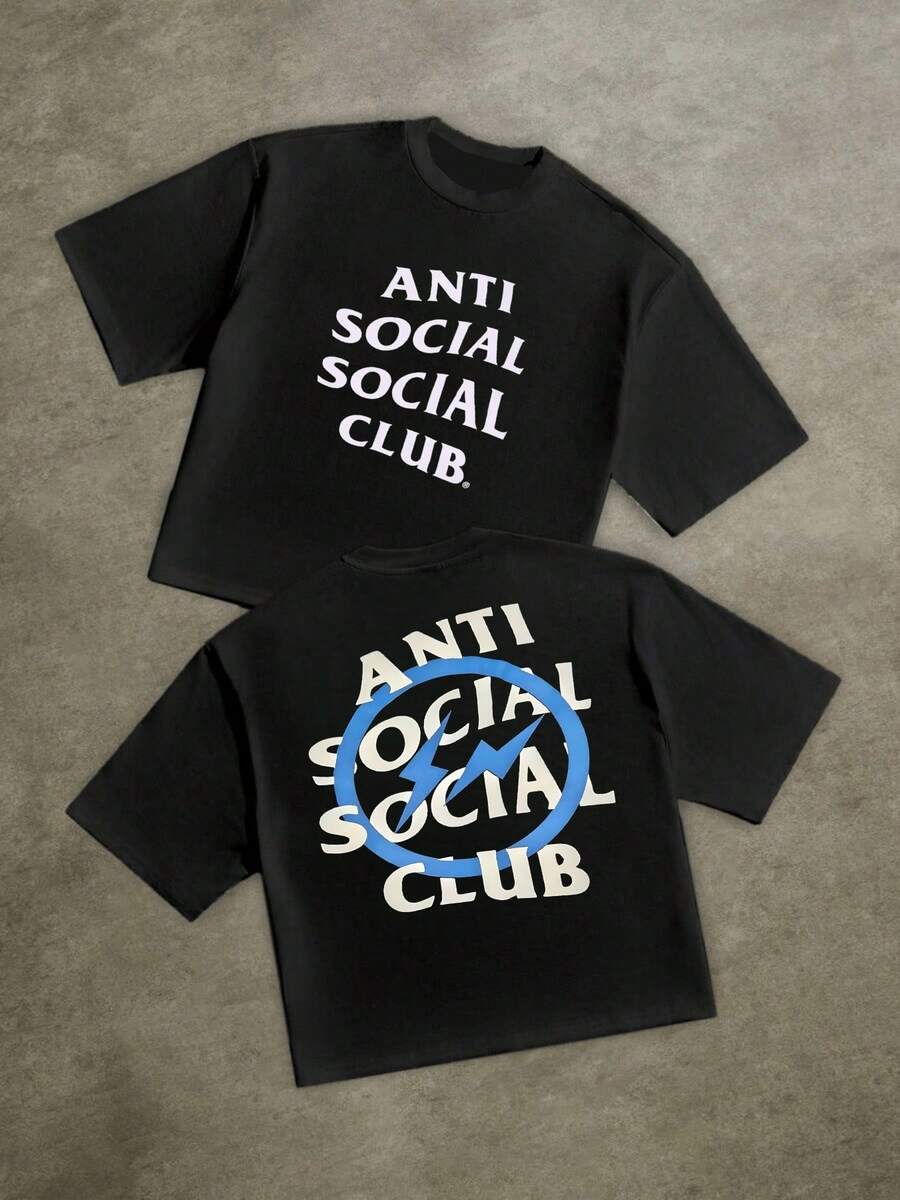 Double Sided Digital Printed 220g T Shirt Anti Social Club Lightning Graphic 100% Cotton Casual Tee Hip Hop 1pcs Men's Sports Streetwear TShirt - 黑色 - 查看 1