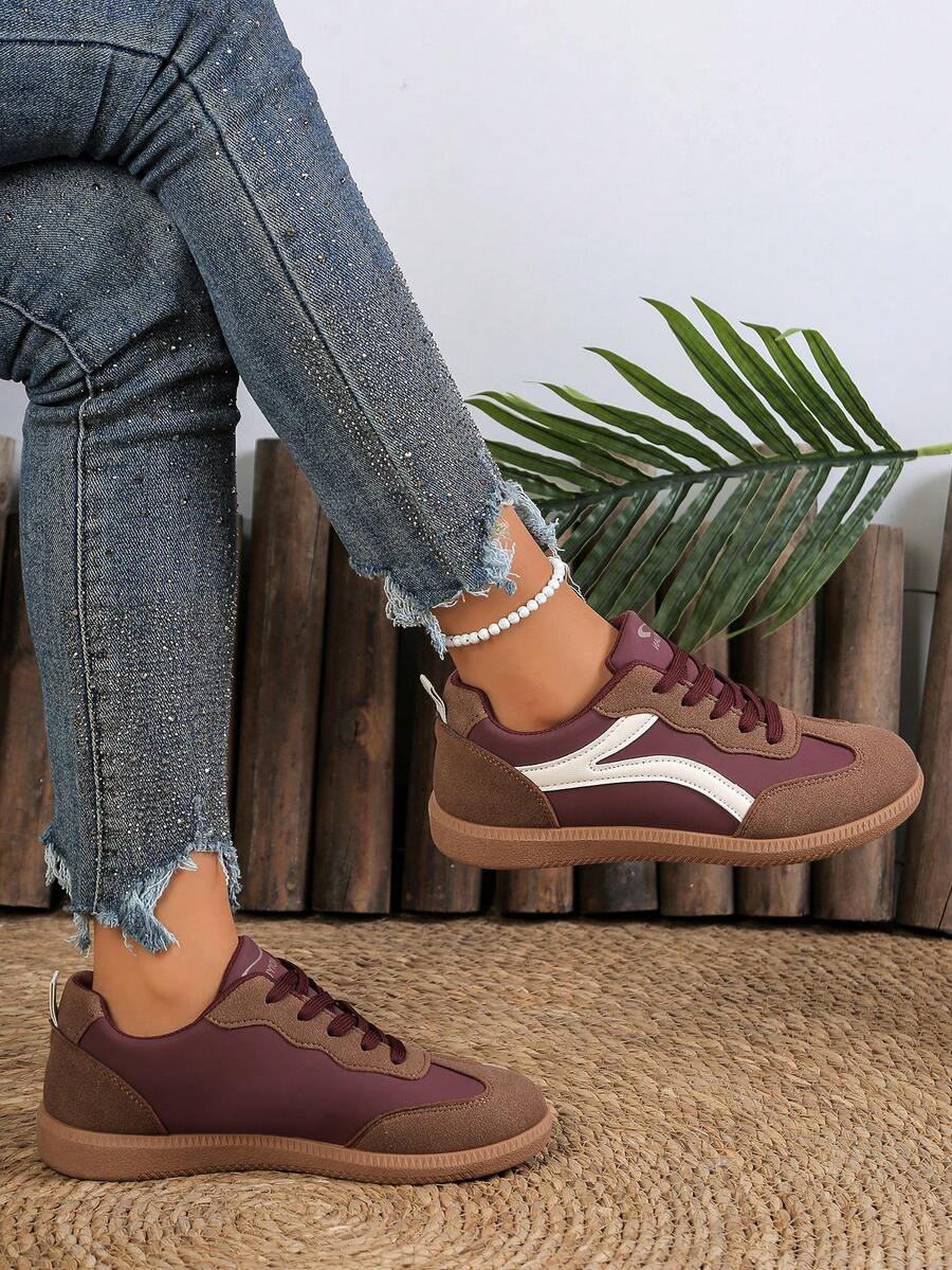 女士勃艮第色运动鞋，厚底休闲鞋，防滑透气 - 彩色 - 查看 1