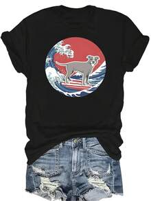 Camiseta de perro surfista para mujer y unisex, de verano, casual, transpirable, de cuello redondo, de manga corta, de estilo callejero y versátil, adecuada para adolescentes y adultos - Negro - Ver 1