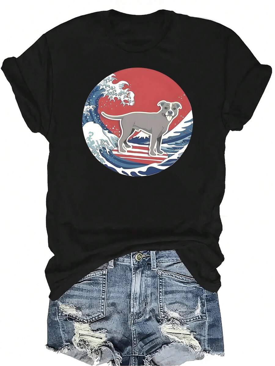 Camiseta de perro surfista para mujer y unisex, de verano, casual, transpirable, de cuello redondo, de manga corta, de estilo callejero y versátil, adecuada para adolescentes y adultos - Negro - Ver 1