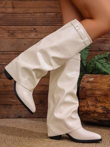 Women's Square Toe Fashion Slip-On Riding Boots, Chunky Heel Folded Cuff Tall Western Cowboy Boots - White - View 1