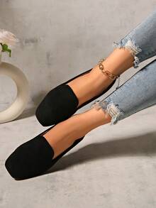 Women's Square Toe Soft Bottom Slip-On Flats, Fashion Versatile Loafers, Breathable Solid Color Patchwork, Suitable For Casual, Beach, Party, Commuting, Basic, Spring/Summer/Autumn/Winter