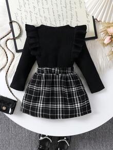 2 件女婴优雅长袖上衣 + 格子裙套装，秋冬 - 黑色 - 查看 2