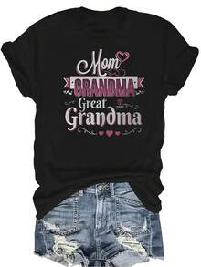 Camiseta con estampado de letras "Mamá, Abuela, Bisabuela" para mujeres y unisex, de verano, casual, transpirable, de personalidad, de cuello redondo, de manga corta, de uso versátil, adecuada para adolescentes y adultos - Negro - Ver 1