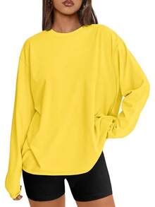 Womens Oversized Long Sleeve Shirts Basic Crewneck Tee Fall Tops Casual Workout Y2K Fashionable Clothes - Màu vàng - Xem 12