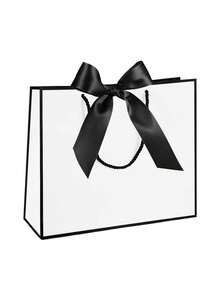 5/10个装 - 横款牛皮纸礼品袋，带蝴蝶结丝带手柄，横款纸质礼品袋，适用于婚礼伴娘回礼，男女通用，适用于生日、婚礼、伴娘派对回礼、购物零售（黑白）