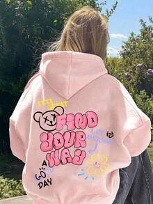 女童可爱图案少女风连帽衫 女童长袖连帽运动衫 秋冬女童上衣 女童服装 - 粉色 - 查看 11