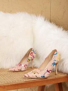 Women's Sexy High Heels Fashionable And Versatile Pointed Toe Stiletto Graffiti Shoes - 杏色 - 查看 4