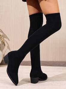 时尚简约女士黑色弹力靴，舒适弹力材质，防滑尖头过膝长靴，袜靴，适合秋冬季日常穿着，性感