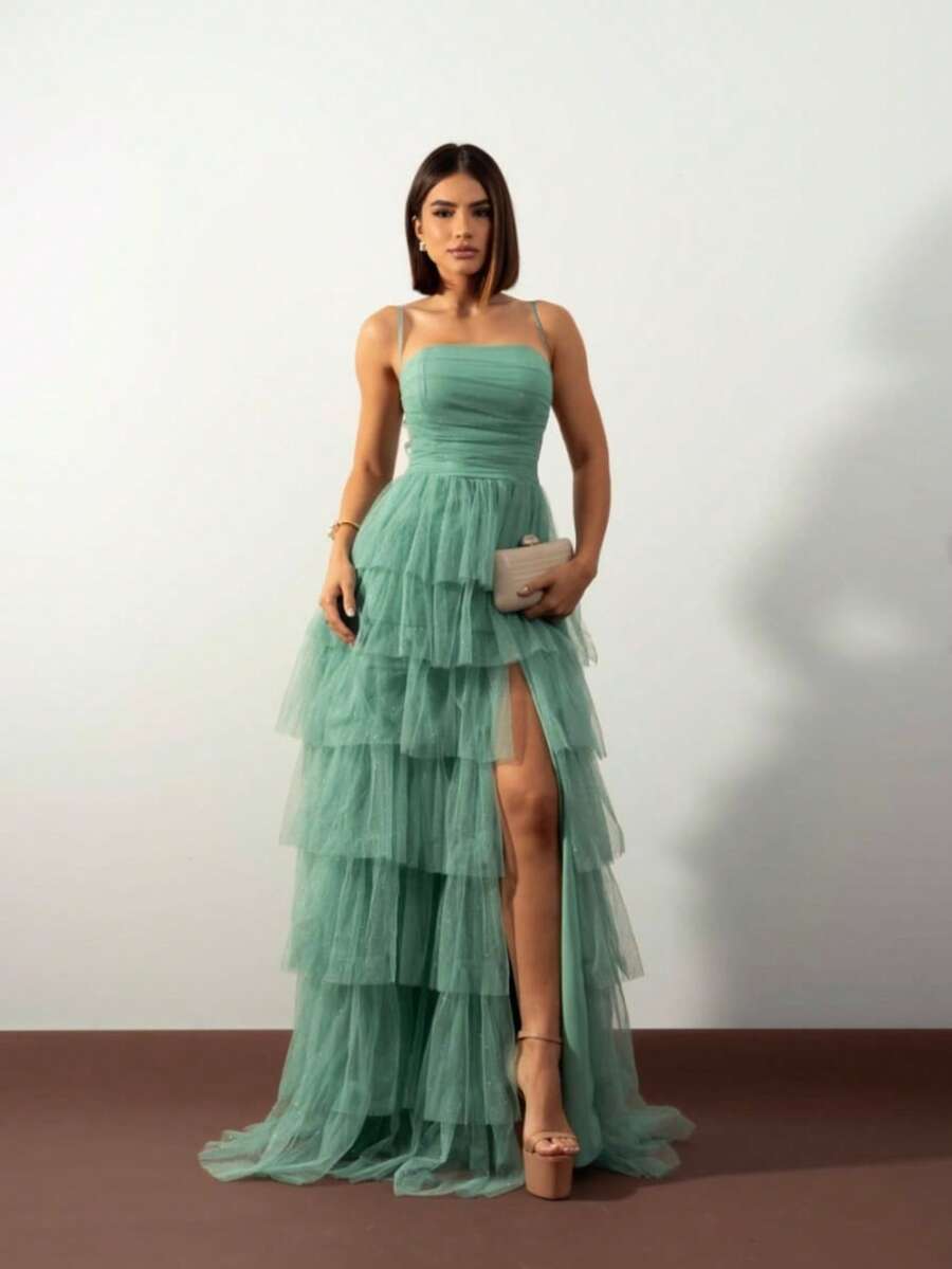 Vestido de festa em camadas para formandas e madrinhas de casamento.  elegante  Conservador / modesto  Sensual  Casual    Brilhante    Zíper  Apliques    Casamento  Festa  Festa de aniversário  Festa de aniversário  Festa de graduação - Verde Menta - Visão 1