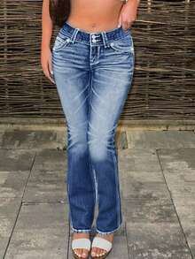 Women's Low-Rise Flared Jeans Stretch Trousers Double-Button Fly Butt-Lifting Pockets Sexy Y2K Retro Style Date Outfit - Medium Wash - View 2